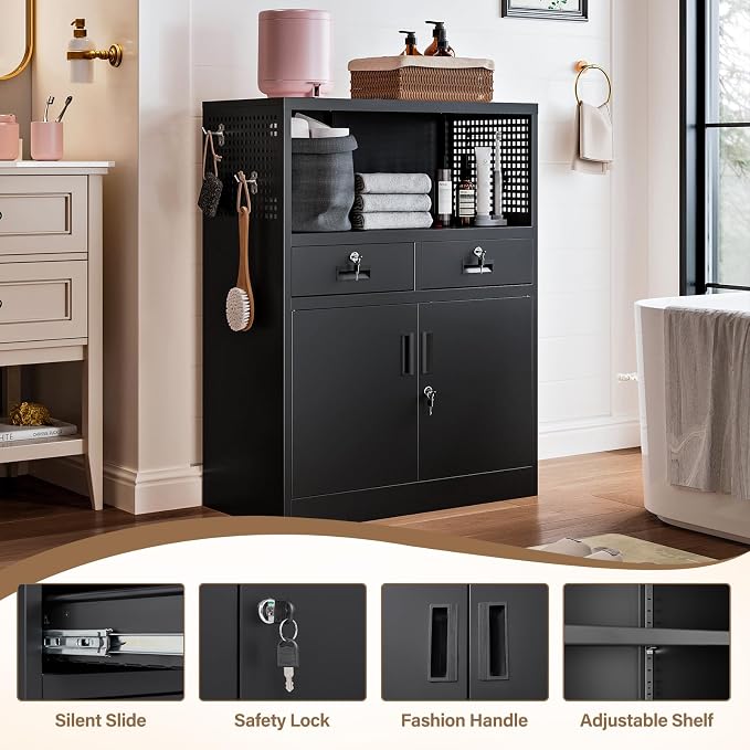 Storage Cabinet with Drawers, 41.3" Steel Lockable Storage Cabinets with Doors and Side Pegboard, Metal Cabinet for Garage, School, Home Office, Black