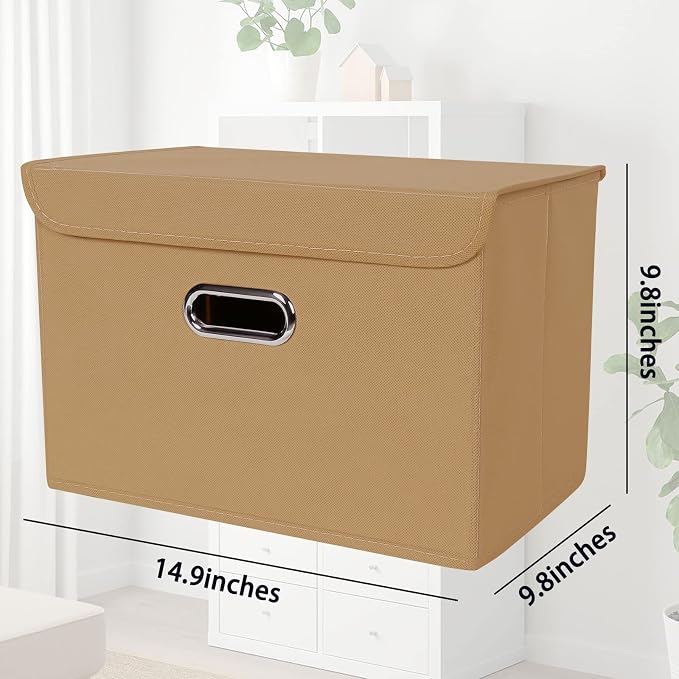 STOREONE Fabric Storage Cube Bins Foldable Organizer Container Collapsible Basket with Lids and Metal Handles, for Home, Bedroom, Closet 3 Pcs (Khaki)