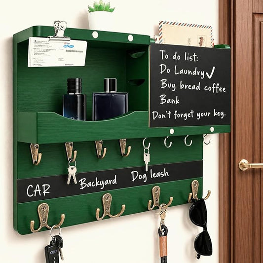 Key Holder for Wall Mount with Shelf and Mail Organizer, Key and Mail Holder with 16 Hooks, Farmhouse Entryway Organizer, Home Decor Rack (Pine Wood,Green)