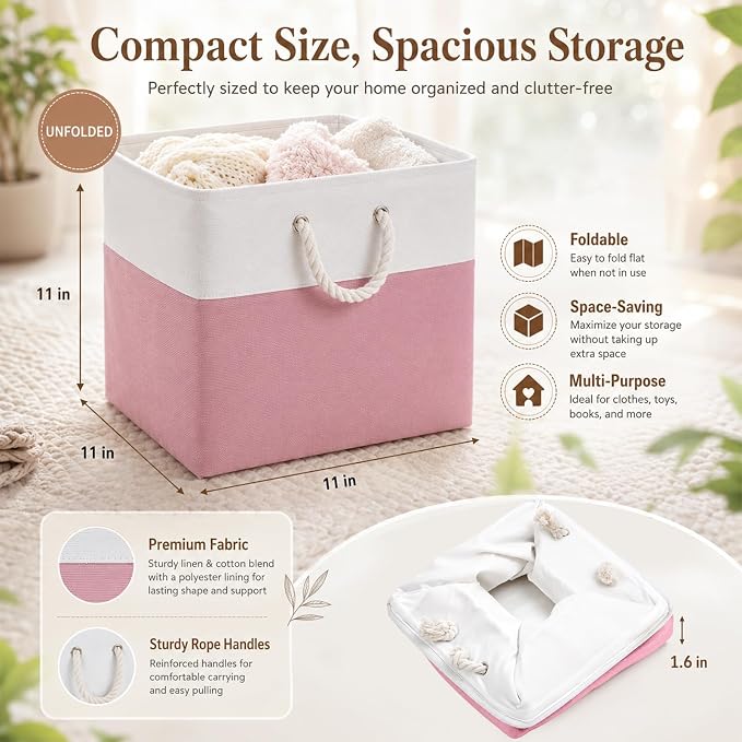 Geiserailie 6 Pcs 13 x 13 Inch Cube Storage Bins Fabric Storage Organizer Bins Foldable Cube Baskets with Sturdy Carry Handles Wicker Baskets for Home(Pink, Color Block)