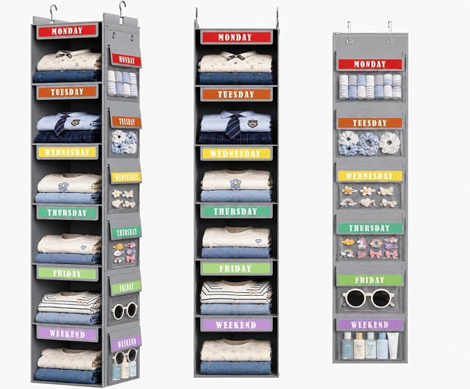 DIMJ Hanging Closet Organizer 2 in 1 - Weekly Clothes Organizer for Kids Over the Door Organizer 6-Shelf Daily Monday Friday Weekend Hanging Shelves, for School Outfits, Baby Clothes, Grey