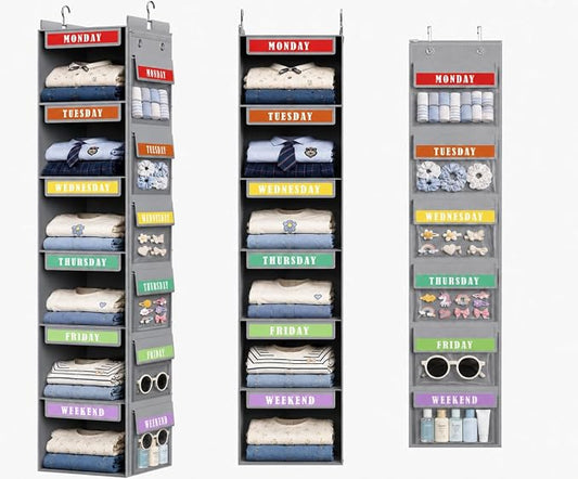 DIMJ Hanging Closet Organizer 2 in 1 - Weekly Clothes Organizer for Kids Over the Door Organizer 6-Shelf Daily Monday Friday Weekend Hanging Shelves, for School Outfits, Baby Clothes, Grey