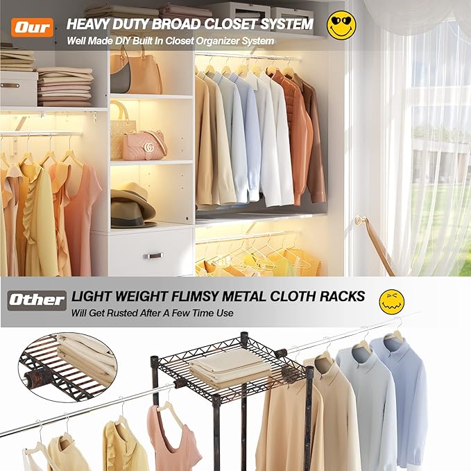 iSunirm 8FT Closet System, 96'' Closet Organizer System with 3 Hanging Rods, Wall Mount Bedroom Wardrobe with 3 Drawers Walk-in Closet, Adjustable Cloth Garment Rack from 5 to 8FT (Cut to Fit), White
