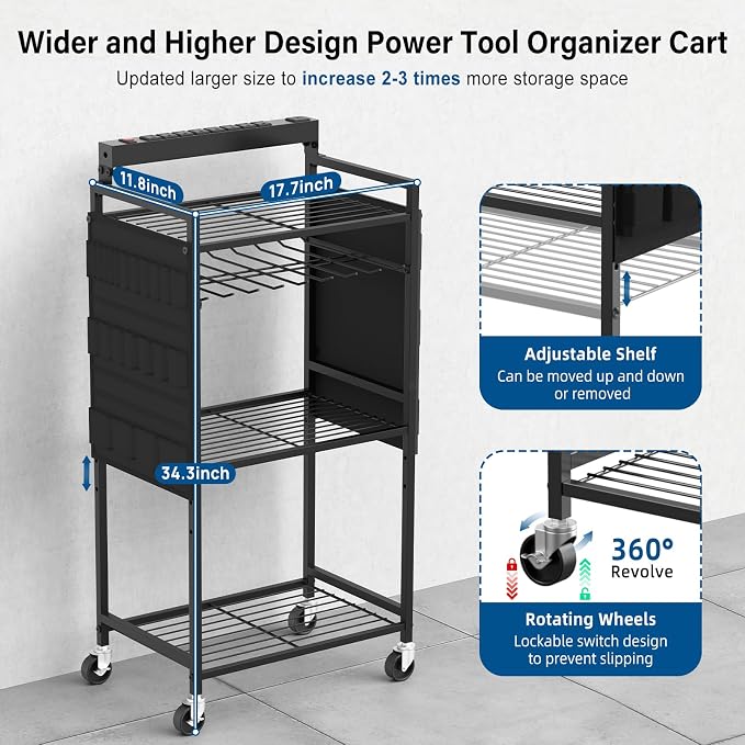 JUNNUJ Power Tool Charging Organizer Cart, 8 Outlet 3 USB, 6 FT Cord, Black | Floor Rolling, Large Tools Storage Cart on Wheels, Heavy Duty Drill Battery Station, Utility Rack Shelf for Garage Workshop