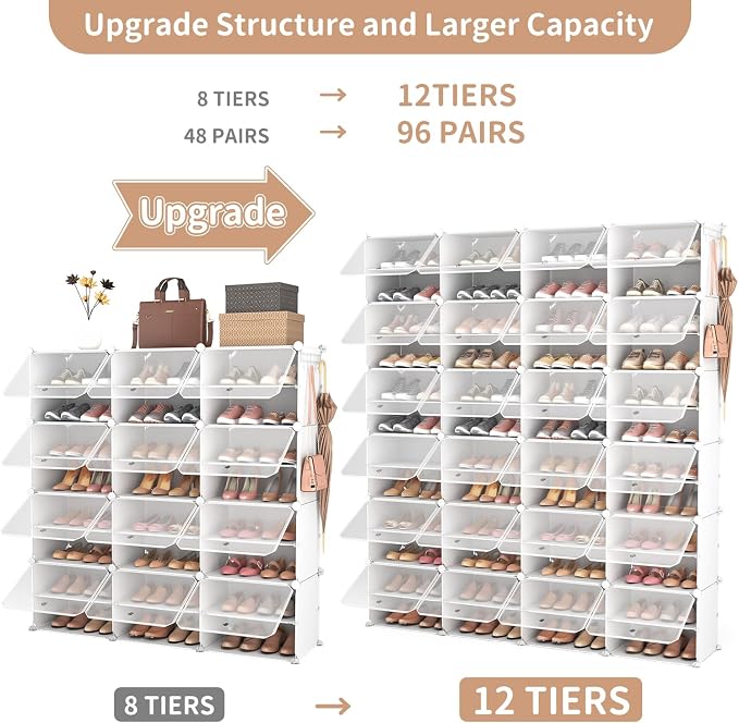 ROJASOP Shoe Storage Cabinet, 12-Tier Shoe Organizer 96 Pairs Extra Large Plastic Shoe Rack with Covers Portable Shoe Rack Organizer with Doors Big Shoe Rack for Closet Entryway Bedroom