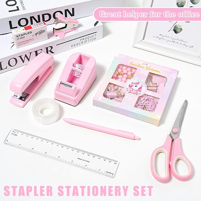 COMFYROOM Pink Desk Accessories with Pen Holder, Pink Office Supplies Desk Organizers and Accessories for women, Tape Dispenser, Stapler, Staple Remover, Staples, Clips Set, Ruler, Scissor, Pen, Tape