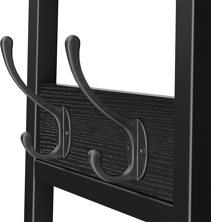 Coat Rack with Metal Basket and Storage Shelves | Coat Stand Freestanding, Hall Tree With and 7 Hooks, Clothes Rack Stand Organizer, Black