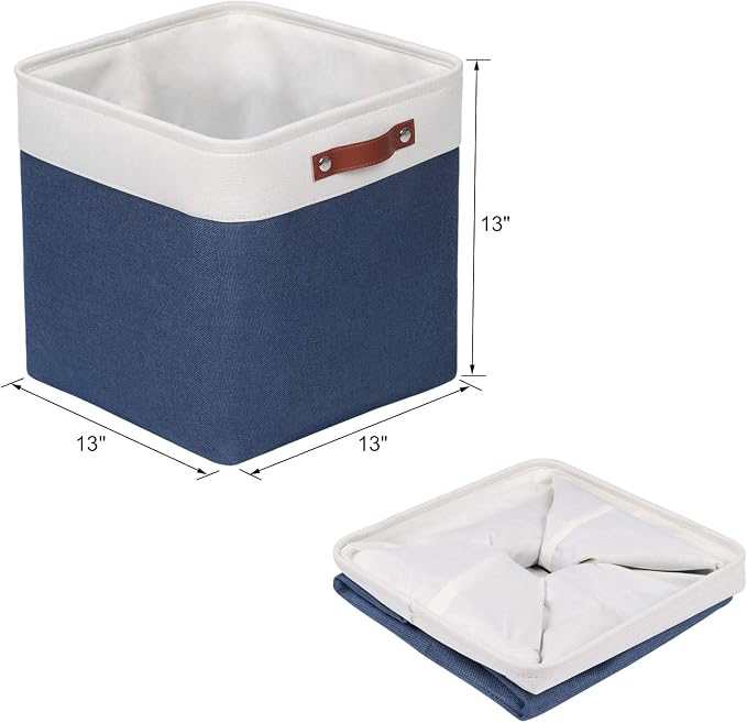 Univivi Fabric Cube Storage Bins for Shelves,Blue,13 x 13 x13 inch,4 Pack | Large Capacity,Metal Frame,Hard Cardboard Bottom,Foldable,Linen Closet Baskets with PU Handles