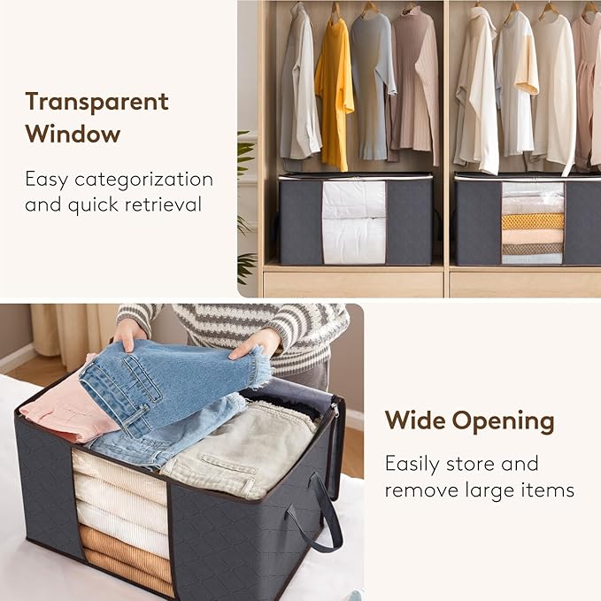 Lifewit 90L Large Storage Bags, 6 Pack Closet Organizers and Storage, Clothes Storage Bins with Lids, Foldable Storage Containers with Reinforced Handles for Clothing, Blanket, Bedding, Comforter Gray