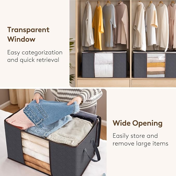 Lifewit 2 Pack 60L Clothes Storage Bins with Lids, Foldable Blanket Storage Bags with Zippers, Clear Window and Reinforced Handles, Closet and Organization for Clothing, Sweater, Comforter, Bedding