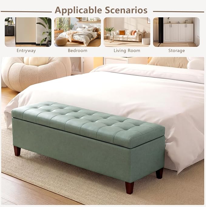 Joveco 51 Inch Storage Ottoman Bench,Tufted Leather Storage Bench for Bedroom (51”,Gray Green)