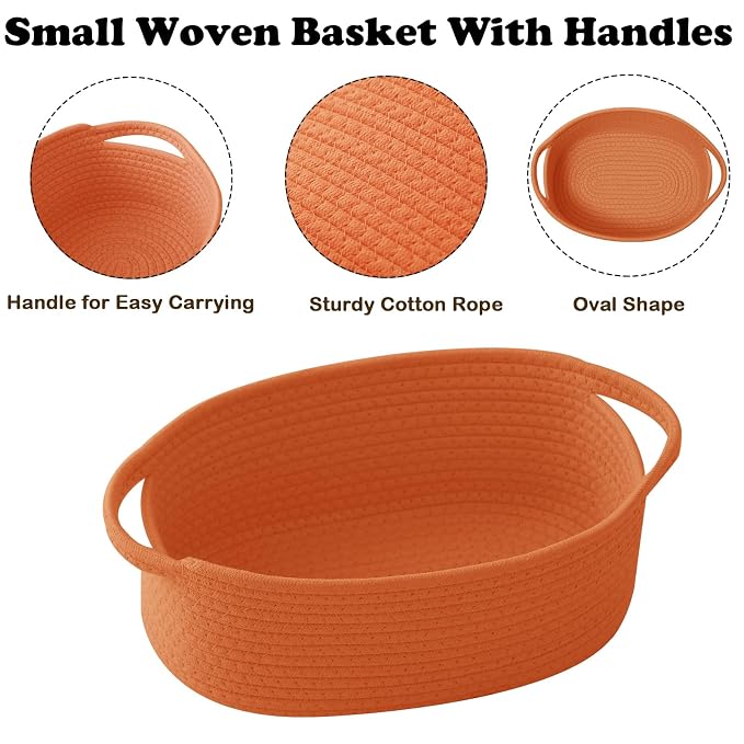 Woven Rope Basket - Baby Gift Basket with Bag & Ribbon, Orange | Cotton rope with handle, 12 x 8 x 5 in, gift bag and ribbon, for baby shower, birthday, toy storage, nursery, shelf decor
