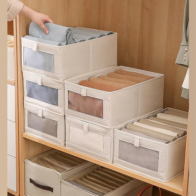 Linen Closet Organizers And Storage, 6 Pack Closet Storage Bins Linen Closet Baskets for Closet Organization Foldable Closet Organizer Bins with Clear Window For Organizing Clothing, Jeans, Shelves