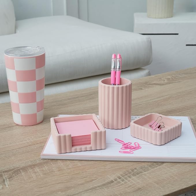 Aesthetic Desk Organizer Set of 3 For Your Office - Sturdy Concrete Desktop Accessories For Women Enhance Any Office Decor - Set incl. Pen Holder, Paperclip Storage & Sticky Note Holder for Teacher