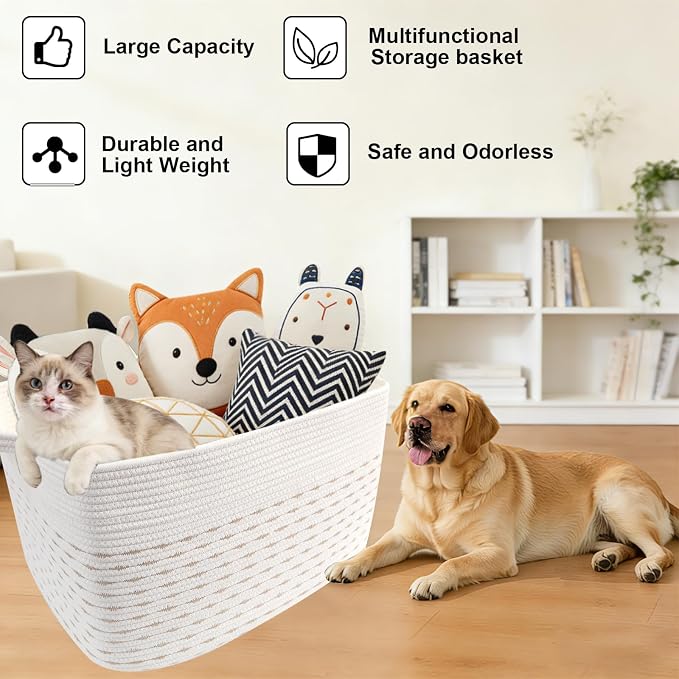 96L Extra Large Cotton Rope Laundry Basket with Sturdy Handles | 24x16x15 Foldable Rectangular Blanket Basket for Toys, Clothes & Pillows,Ideal for Nursery, Bathroom, Bedroom, Living Room