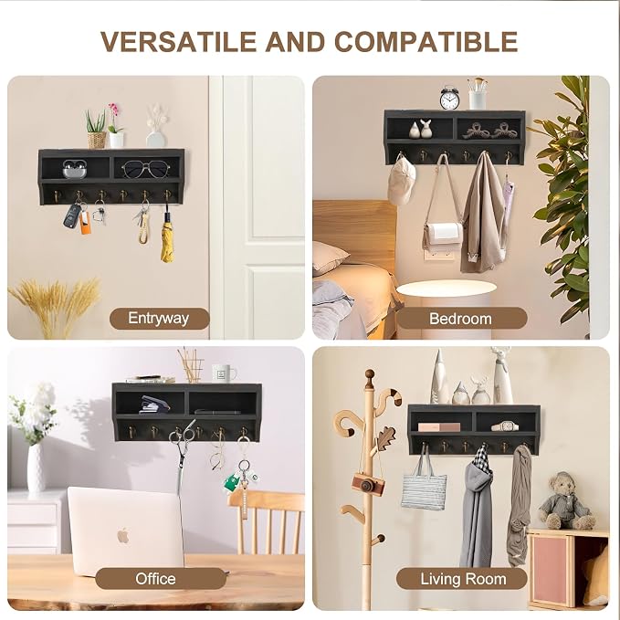 Key Holder Wall Mount with Mail Organizer, 6 Hooks & Shelf, Black | Wood Key Holder Wall Mount with 6 Key Hooks, Shelf & Storage Box and Mail Organizer for Entryway, Apartment, Home and Office