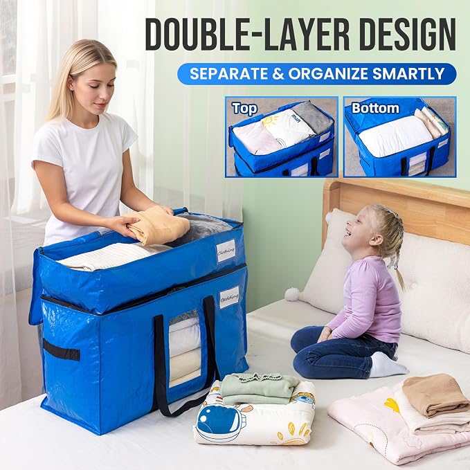 TAILI 2 Tier Extra Large Moving Bags, 4 Pack Blue Heavy Duty Totes For Storage with Visible Window, Wrap Around Handles, Storage Bags for Space Saving, Alternative to Moving Boxes