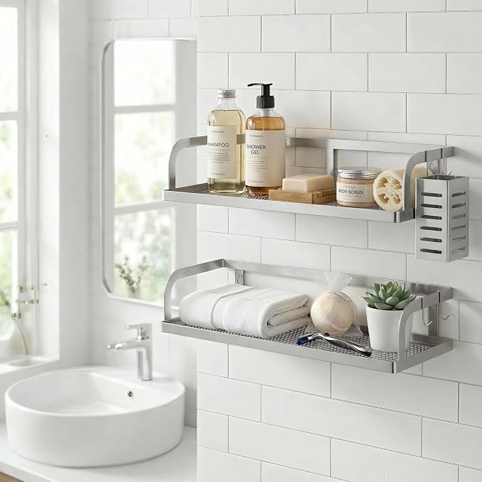 PUSDON 2-Pack Wide Hollowout Shower Caddy & Spice Rack, Wall Mount Bathroom Organizer with Mesh Bottom, Easy Access Cabinet Door Shelf Holds 50LBS - Silver Gray, Hollowout