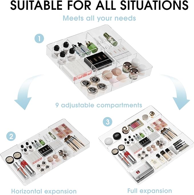 Expandable Makeup Drawer Organizer, Clear Silverware Drawer Organizer Tray. | Width (10.6"-20.1") Depth (11"-20.1") Height1.9", with 6 Removable Dividers, Great for Cosmetic,Utensils,Stationery,Office