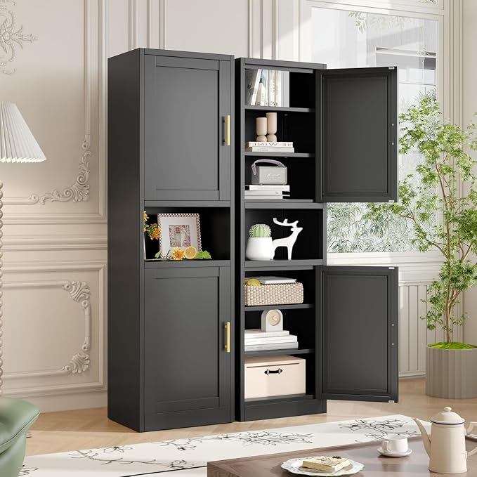 Tall Metal Narrow Bathroom Storage Cabinet 67" H, Tall Black Pantry Cabinets with 4 Adjustable Shelves and 2 Doors for Kitchen, Home Office, Living Room, Dining Room(16 inches Wide)