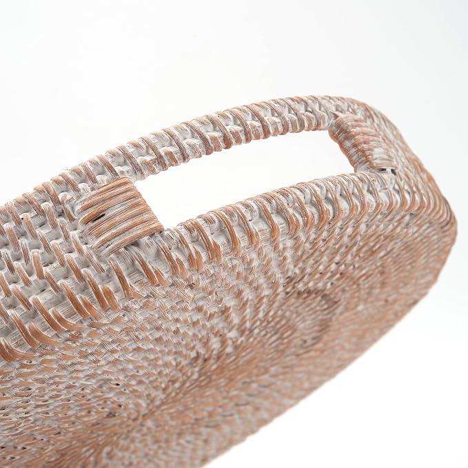 Round Rattan Serving Tray Decorative Woven Ottoman Trays with Handles for Coffee Table White (Small 11.8 inch x 2 inch)