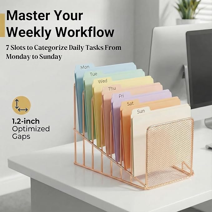 Rose Gold Desk Organizer 7 Slot Inclined Vertical File Folder Holder Sorter with Mesh Front – Metal Wire Rack for Mail, Slim Binders, Books Office Organization & Desktop Accessories