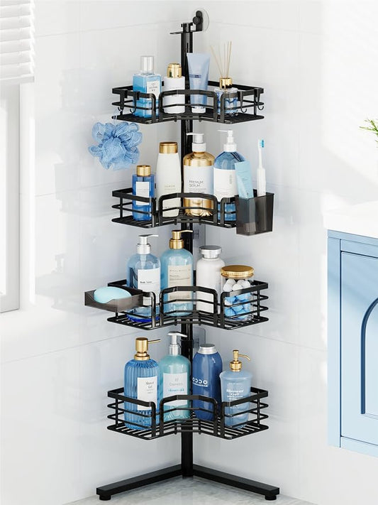 HapiRm Corner Shower Caddy Stand - 4-Tier Adjustable Shower Shelves, Black | Rustproof Stainless Steel, 4 Hooks, Soap and Toothbrush Holders, Large Capacity Shower Organizer for Tall Bottles, No-drill