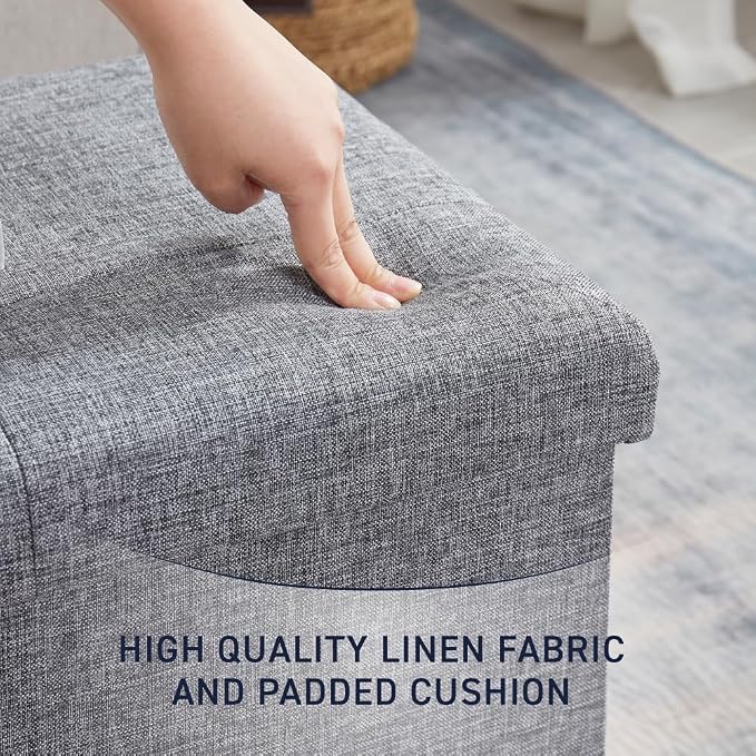Ornavo Home 43 Inch Folding Extra Large Storage Bench, Linen, Gray | Upholstered Tufted Ottoman with Lid; Foot Rest Stool; Ideal for Bedroom, Living Room or Entryway