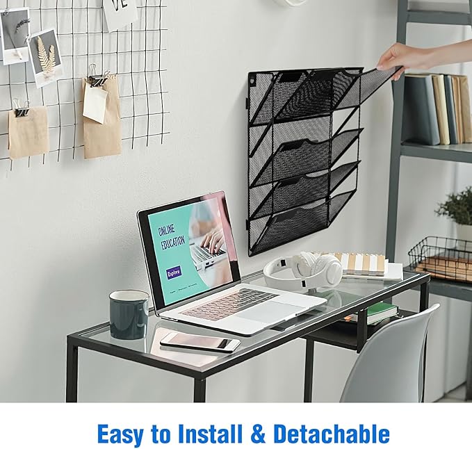 BOHDK Wall File Organizer 5 Pockets, Mail Organizer, Hanging Folder Holder, Foldable | Hanging or Wall Mounted | Label Panel | 2 Hooks | Office Home School Organizer, Black