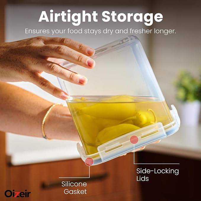 Oizeir Airtight Food Storage Containers with Lids 24-Pack, Pantry Kitchen | 24-Pack BPA-Free Airtight Plastic Food Containers, Snap Lids for Pantry Kitchen, Flour Sugar Rice Cereal Pasta, Clear