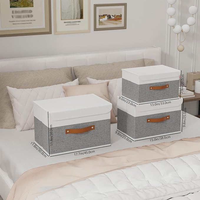 Yawinhe Storage Bins with Lids,White/Grey,17.7x11.8x11.8in,3-Pack | Fabric Container with Leather Handle,Washable Home Basket, Clothes Blanket Storage Boxes,Collapsible Closet Organizer