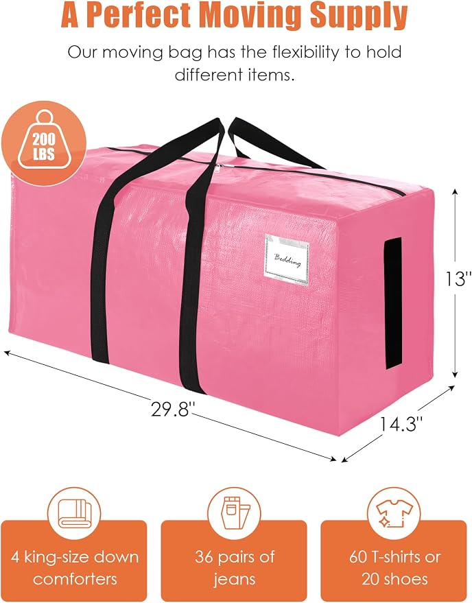 SWEET DOLPHIN 12 Pack 200LB Heavy-Duty Moving Bags with Wrap-Around Handles, Extra Large Storage Totes for Space Saving, Clothes Storage Bags, College Dorm Essentials, Pink, 24 Gal