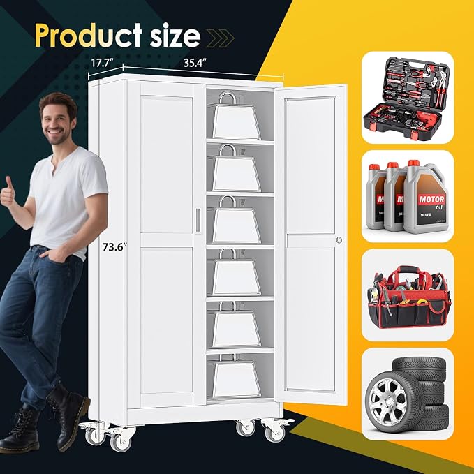 PAOFIN Metal Garage Storage Cabinet with Wheels,Steel Lockable File Cabinets with 2 Doors and 5 Adjustable Shelves,74" H Locking Tool Cabinets for Home Office, Warehouse, Required Assembly,White