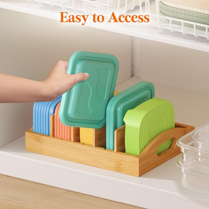 Lifewit Bamboo Lid Organizers for Inside Cabinet, Food Storage Container Lid Holder with 4 adjustable Inserts & 5 Sections, Kitchen Pantry organizer and storage, 10.6" X 8.3"