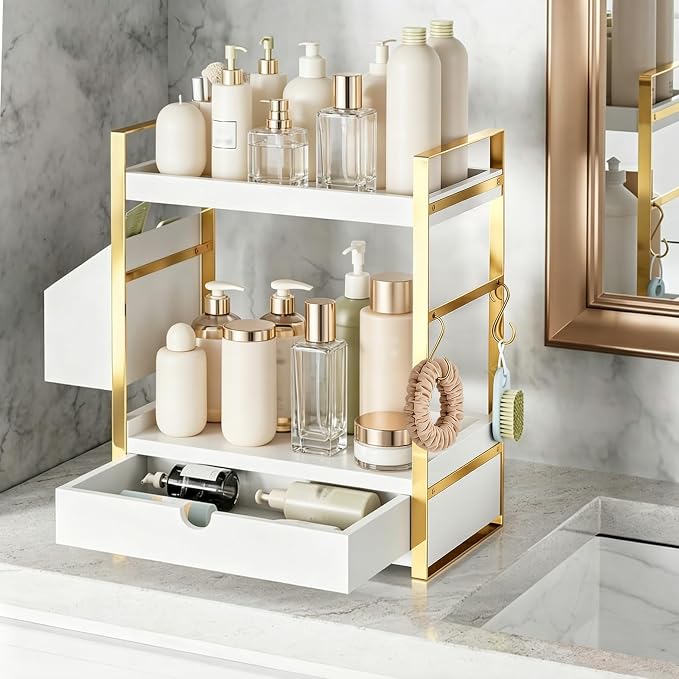 2-Tier Bathroom Counter Organizer, Wooden Vanity Shelf with Drawer & Basket | Pre-Drilled Holes, Skincare & Makeup Countertop Organizer and storage, White-gold