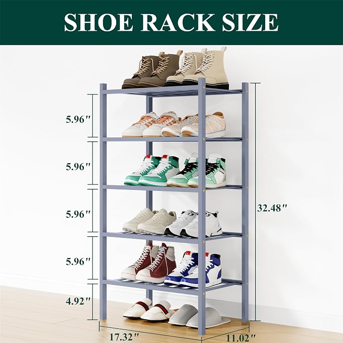 Smiry Bamboo Shoe Rack, 12 Vertical Slats, 5 Tier - 17.3" Wide, Grey | Stackable Free Standing Wooden Shoe Organizer, Wood Shoe Storage Shelf for Closet, Entryway