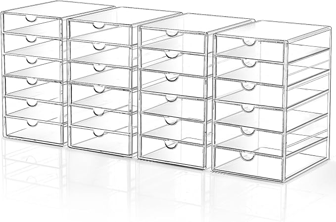 DOMNIU Acrylic Makeup Drawer Storage Organizer with 24 Drawers, 4 Set | Office Desk Organization and Storage, Dustproof Drawer Organizer for Makeup, Countertop, Jewelry, Desktop, Bathroom, Bedroom