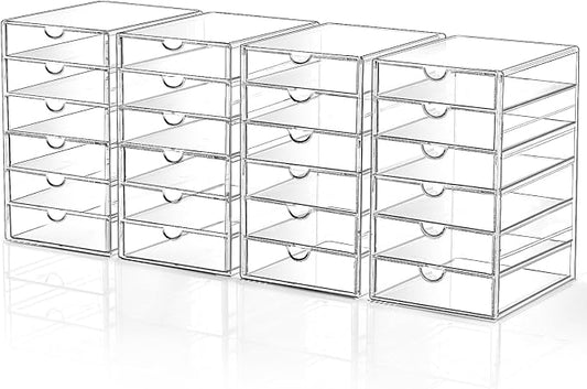 DOMNIU Acrylic Makeup Drawer Storage Organizer with 24 Drawers, 4 Set | Office Desk Organization and Storage, Dustproof Drawer Organizer for Makeup, Countertop, Jewelry, Desktop, Bathroom, Bedroom