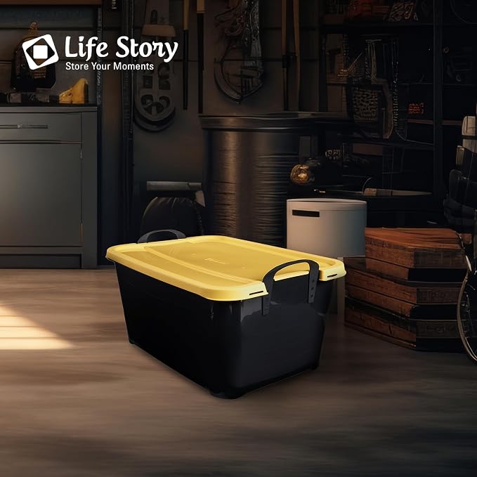 Life Story 18 Pack Heavy Duty Stackable Storage Bin, 55 Quart Home Organizer, Versatile Lightweight Locking Bins with Carrying Handles, Black/Yellow