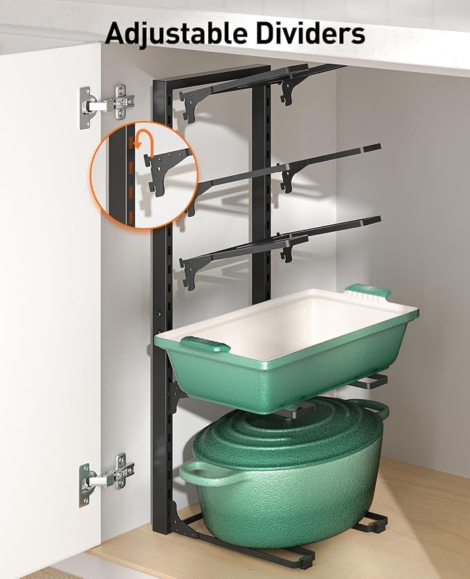 Pots and Pans Organizer Under Cabinet 23.6" 10-Tier Adjustable Black | 2 DIY Modes, Tool-Free Assembly, Max 150 Lbs, Fits Large Stockpots, Cast Iron Pans & Heavy Cookware, For Kitchen Cabinets