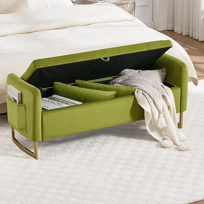 48" End of Bed Bench, Modern Storage Benches with Button-Tufted, Velvet Upholstered Storage Ottoman Bench for Foot of Bed with Arms, Gold Legs Window and Entryway, Olive Green