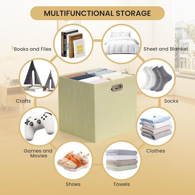 Posprica Storage Cubes, 13 x 13 x 13 Inches Fabric Bins with Double Handles，Cubes Basket Containers, For Shelf Cabinet Bookcase, Closet Organizers for Shelves, Foldable-Set of 4, Yellow/Beige mixed