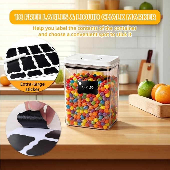 Pop Push Button Airtight Food Storage Containers Baking Set 5 Pcs | BPA-Free Stackable Canisters with Scoops – 3 Sizes for Flour, Sugar, Baking Soda, Cocoa Powder, Pantry & Baking Essentials