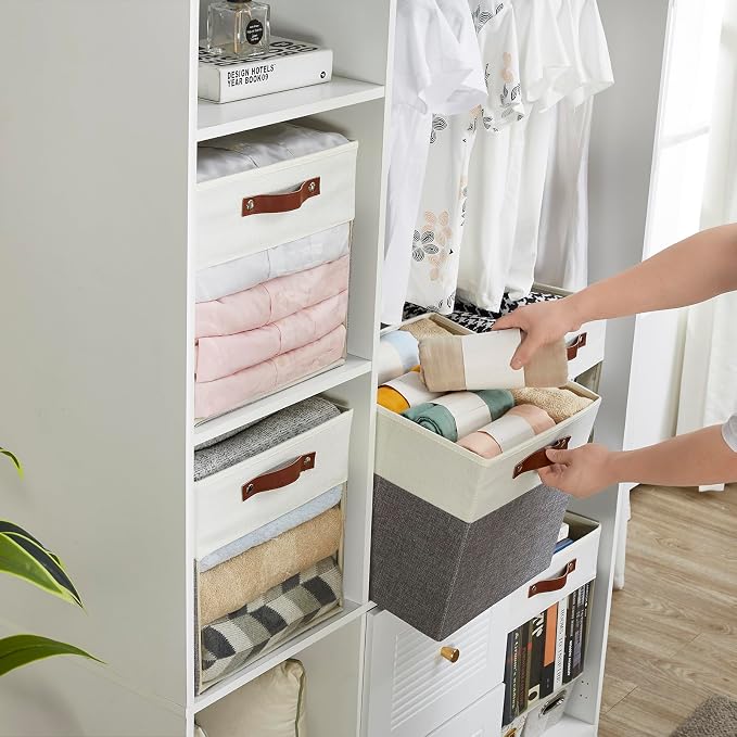 Storage Cubes, 4 Pack Linen Foldable Storage Bins with Clear Window and 2 Handles, 13x15x13 Storage Cube Bins for Shelf Closet, Kallax, Clothes, Books - (Gray / Off-White)