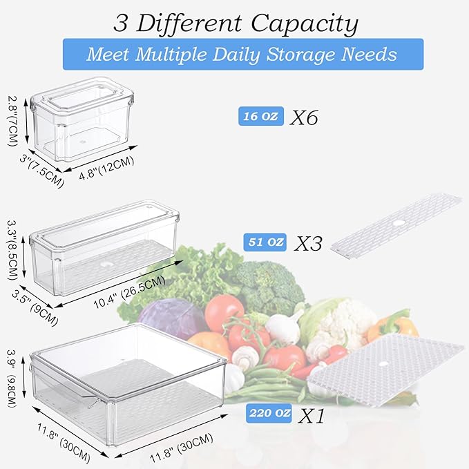 KUMD 10-Pack Clear Fridge Organizer Bins with Lids, Stackable Refrigerator Storage Containers, BPA-Free with Drain Tray & Anti-Slip Base for Fruits, Veggies, Drinks