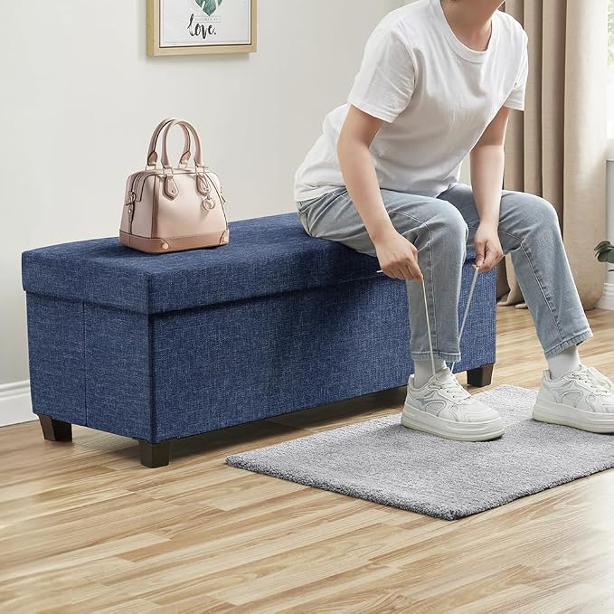 Ornavo Home 43" Large Storage Ottoman Bench with Legs, Navy Blue | Foot Rest Stool; Ottoman with Hidden Storage; Ideal for Bedroom, Living Room, Entryway or Home Office