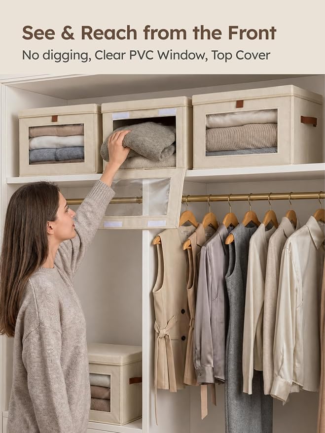 Homsorout Large Closet Storage Bins - Collapsible Storage Bins with Handles & Window, Decorative Boxes with Lids, Fabric Cubes for Living Room, Dorm, 1 Pack, Beige