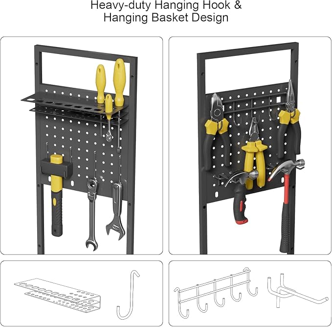 Power Tool Organizer Cart with Charging Station, Heavy Duty Garage Tool Organizer Rolling Tool Battery Storage with 8-Outlet Power Strip, a 4.9-FT Cord,4 Wheels, 2 Hanging Baskets,Hooks .Black