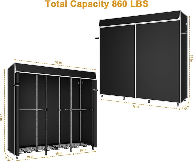 E14C Heavy Duty Closet Organizer System，Freestanding Clothing Racks for Hanging Clothes，Adjustable Garment Rack 58" W × 16" D × 77" H Hold 860 lbs，Black Rack with Black Dustproof Cover