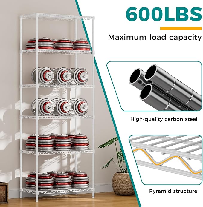 SINGAYE 6 Metal Shelves Wire Shelving Storage Shelf Adjustable Unit Pantry | 6 Tier Kitchen Laundry Room Organization Home Pantry Closet Bathroom Organizers Garage Rack 14" D x 24" W x 72" H White